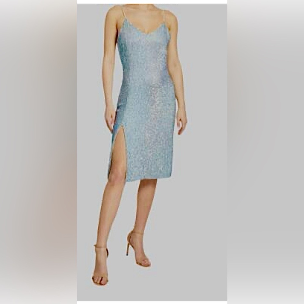 Retrofete Metallic Blue Silver Iridescent Sequin Cocktail Dress Leg Slit Sz. XS